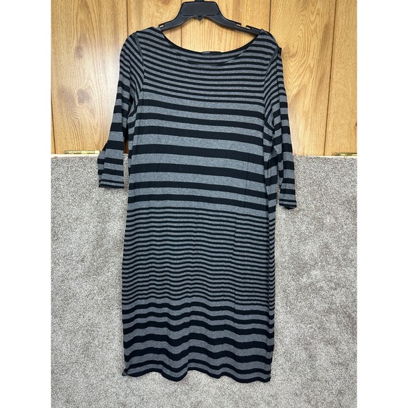 M & S Autograph Black and Gray Stripe Short Sleeve Stretch Jersey‎ Dress UK 18 - Picture 1 of 9